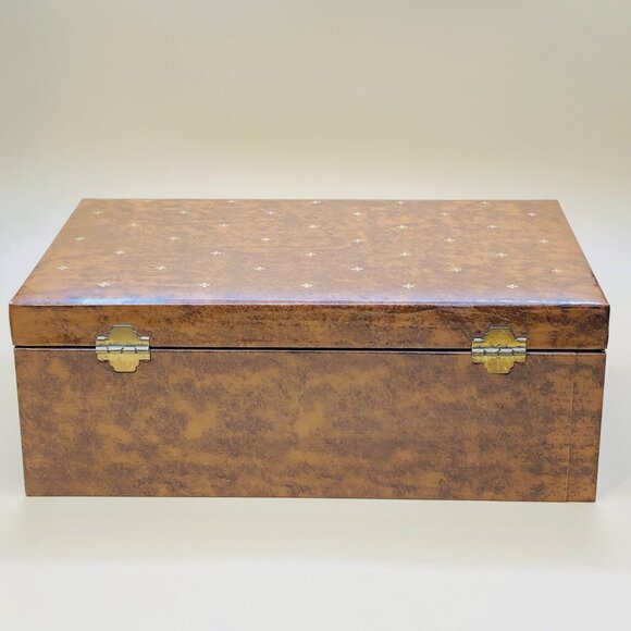 Vintage 60s Jewelry Chest Dresser Box with Drawer: Brown Vinyl Orange Lining - Picture 6 of 10